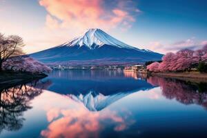 ai généré monter Fuji et Cerise fleur à kawaguchiko Lac dans Japon, une magnifique scénique paysage de monter Fuji ou Fujisan avec réflexion sur shoji Lac à aube, avec une crépuscule ciel, ai généré photo