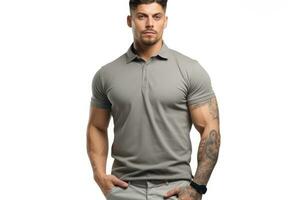 ai généré Beau tatoué homme dans gris T-shirt sur blanc arrière-plan, une Masculin modèle portant une Facile gris cendre polo chemise sur une blanc arrière-plan, , avec de face et retour vues, ai généré photo