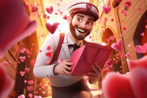 ai généré 3d illustration de une Jeune homme dans l'amour avec une livre, 3d illustration de une Beau homme livrer valentines, ai généré photo