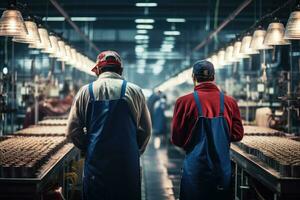 ai généré deux ouvriers travail dans une usine. elles ou ils sont vérification le qualité de nourriture, retour vue de Masculin ouvriers dans usine, ai généré photo