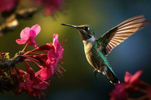 ai généré à gorge rubis colibri dans vol avec fleurs dans le arrière-plan, celui d'Anna colibri adulte Masculin planant et sirotant nectar, ai généré photo