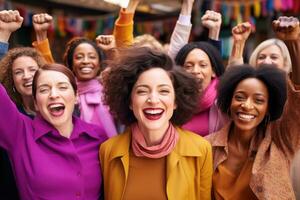 ai généré portrait de content groupe de femmes avec bras élevé célébrer Succès en plein air, action coup de mixte âge intervalle multi ethnique femmes célébrer international aux femmes jour, ai généré photo