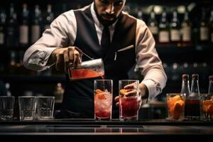 ai généré barman est fabrication une cocktail à le bar compteur dans une boîte de nuit, barman verser une cocktail, ai généré photo