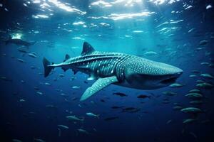 ai généré baleine requin rhincodon type dans le océan, baleine requin et école de les requins dans une Profond bleu océan, ai généré photo