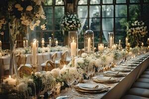 ai généré mariage table décoration avec bougies et fleurs. banquet entrée, mariage banquet table décoré avec fleurs et bougies, mariage lieu intérieur, ai généré photo