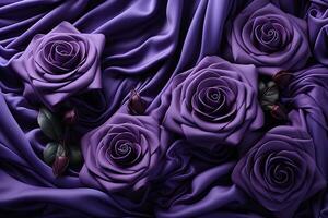 ai généré une fermer de violet des roses sur une violet tissu dans une vase, montrant le délicat pétales et vibrant couleurs de le des roses. le vase est fabriqué de clair verre, permettant le des roses à être vu photo