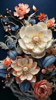 ai généré une étourdissant bouquet de fleurs dans nuances de rose, blanc, et bleu. le complexe détails de le fleurs et feuilles sont capturé magnifiquement contre une foncé bleu Contexte. photo