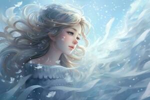 ai généré hiver Fée conte. portrait de une magnifique blond fille avec longue cheveux. hiver Fée conte, une fascinant scène de flocons de neige dérive dans le vent avec doux couleurs et une rêveur atmosphère photo