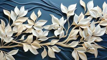 ai généré cette est une 3d le rendu de une floral conception. le conception est fabriqué en haut de blanc feuilles et tiges sur une bleu Contexte. le feuilles et tiges sont arrangé dans une écoulement et biologique manière, photo