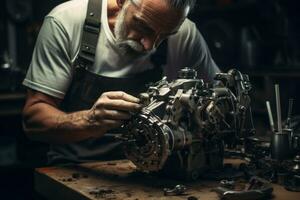 ai généré vieilli mécanicien réparer une voiture moteur dans le sien atelier. sélectif se concentrer, une homme est en fonctionnement et réparer mécanique les pièces, ai généré photo