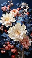 ai généré une vibrant bouquet de assorti fleurs, comprenant des roses, fleurs de lys, et autre fleurit, arrangé contre une brillant bleu toile de fond. le audacieux couleurs et délicat pétales créer une étourdissant visuel photo