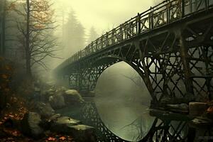 ai généré vieux pont dans le brumeux forêt. l'automne paysage avec brouillard, ancien pont , ai généré photo