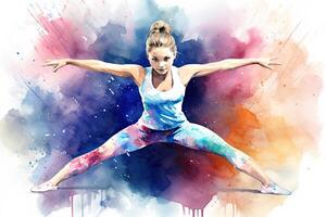 ai généré magnifique Jeune femme dans tenue de sport dansant sur aquarelle arrière-plan, aquarelle conception de une femelle olympique gymnaste, ai généré photo