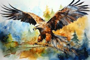ai généré Aigle oiseau en volant dans le forêt. aquarelle La peinture illustration, aquarelle abstrait illustration de une d'or Aigle. d'or Aigle dans action, ai généré photo