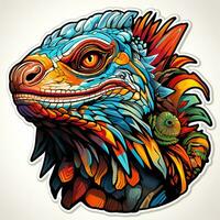 ai généré une capricieux et coloré numérique art illustration de une coloré iguane tête avec une grenouille sur ses dos. le iguane est représenté dans une réaliste style, mais ses Balance sont exagéré photo