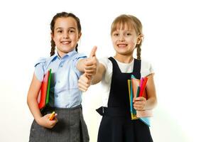 portrait de deux gens agréable mignonne charmant charmant rêveur attrayant de bonne humeur pré-ado les filles Fratrie montrant de côté un d promotion copie espace isolé Contexte photo