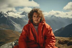 ai généré une Jeune homme dans une rouge veste contre une Contexte de montagnes. photo