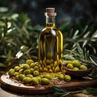 ai généré une bouteille de olive pétrole des stands sur le table entouré par Olives et noir Olives et olive branches photo