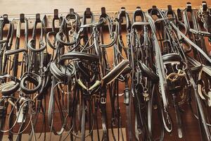 cuir cheval brides et morceaux pendaison sur mur de stable avec un disparu photo