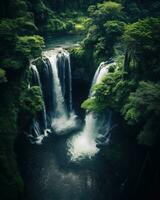 ai généré aérien vue de cascade dans une luxuriant vert forêt photo