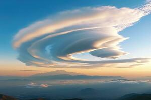 ai généré Soleil lever du soleil lumière le coucher du soleil bleu vue montagnes des nuages cloudscape paysage Contexte photo