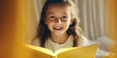 ai généré peu préscolaire la personne femelle intérieur beauté blanc des gamins portrait apprendre étudiant livre photo