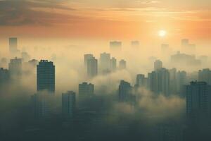 ai généré ciel paysage magnifique ville brouillard Matin Asie architecture lumière du soleil vue Voyage la tour photo