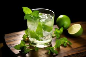 ai généré verre fraîcheur du froid Mojito citron vert agrumes boisson la glace Frais vert cocktail de l'alcool feuille photo