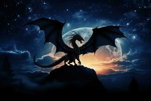 ai généré la magie ouvrages d'art Contexte dragon ciel en volant imagination fantaisie reptile nuit silhouette photo