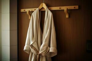 ai généré salle de bains blanc Hôtel corps luxe spa hygiène textile peignoir beauté douche coton serviette photo