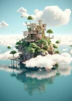 ai généré rêver île bleu fantaisie paysage air concept art vert la magie illustration arbre photo