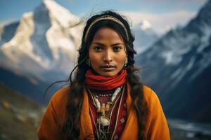 ai généré femme himalaya Jeune magnifique visage Népal Voyage la personne femelle randonnée Asie paysage photo