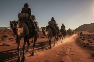 ai généré aventure Maroc Sahara paysage le coucher du soleil Afrique animal dromadaire tourisme le sable Voyage photo