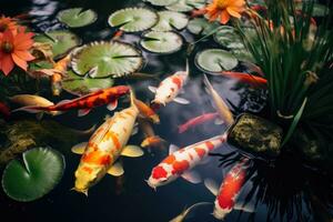 ai généré Lac jardin Japon or aquatique beauté Jaune nager l'eau carpe coloré Orange rouge animal photo