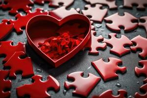 ai généré symbole journée partie romance Valentin relier puzzle Jeu l'amour Contexte bois rouge en bois photo