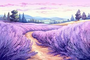ai généré fleur bleu la nature ciel champ violet lavande campagne été le coucher du soleil Provence plante photo