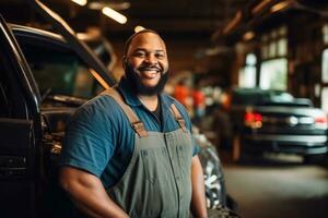 ai généré caucasien homme réparation voiture adulte entretien atelier uniforme un service auto photo