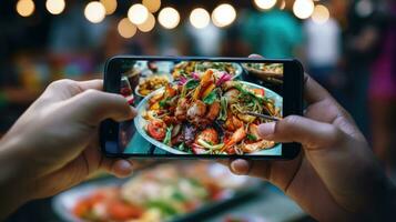ai généré main mobile manger restaurant le déjeuner photo La technologie à l'intérieur dîner photographier repas