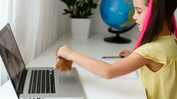 éduquer à maison. enfant fille faire devoirs avec animal de compagnie hamster. marrant gingembre hamster séance sur table où enfant est en écrivant. retour à école. photo