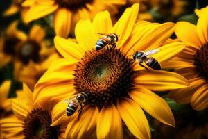 ai généré fleur fermer pollen tournesol la nature pollinisation abeille insecte fleur brillant flore photo