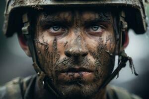 ai généré caucasien soldat Hommes conflit la personne Obliger portrait guerre Masculin Jeune militaire combat photo