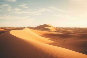 ai généré Afrique chaud aventure Jaune désert le sable Soleil été Sahara la nature le coucher du soleil Voyage bleu photo