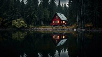 ai généré peu rouge maison dans le les bois près le lac. seul maison dans le forêt photo