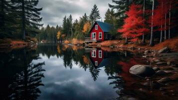 ai généré peu rouge maison dans le les bois près le lac. seul maison dans le forêt photo