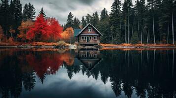 ai généré peu rouge maison dans le les bois près le lac. seul maison dans le forêt photo