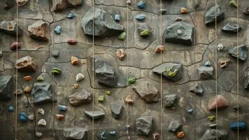 ai généré mur avec escalade détient dans salle de sport. escalade mur. des sports et actif mode de vie. photo