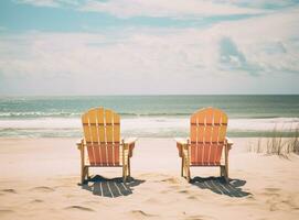 ai généré attendre pour touristes. vide Soleil chaises longues supporter en dessous de une canopée sur le plage photo