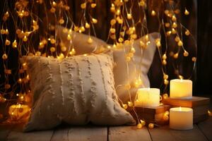 ai généré une tricoté oreiller entouré par Fée lumières création une rêveur et enchanteur atmosphère dans une coin de le chambre, hygge concept photo