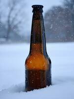 bouteille de Bière dans le neige ai génératif photo