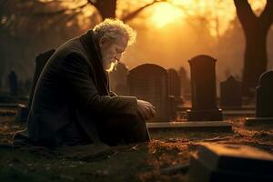 ai généré triste Sénior homme deuil le perte de le sien aimé un sur une cimetière sur l'automne soir. déprimé personnes âgées homme par le pierre tombale de le sien épouse dans cimetière. tout saints journée. photo